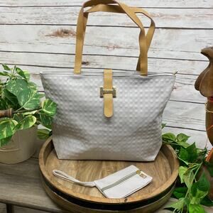 GRAY TEXTURED Tote Bag Matching Coin Key Cosmetic Pouch Purse Collapsible